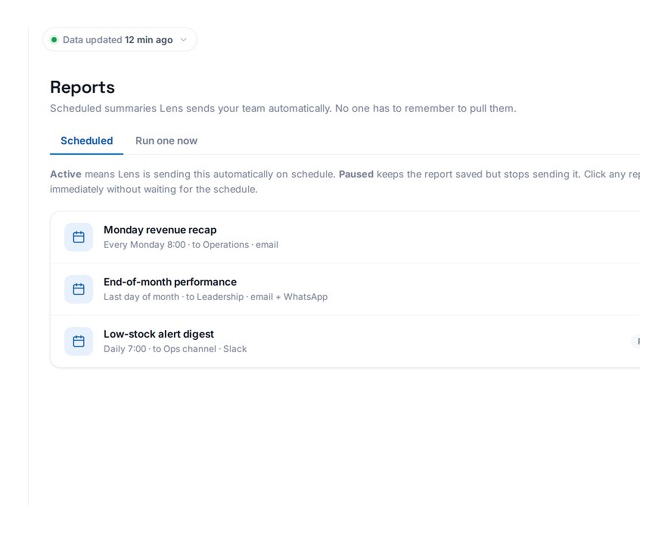 Lens — scheduled reports sent to email, Slack and WhatsApp